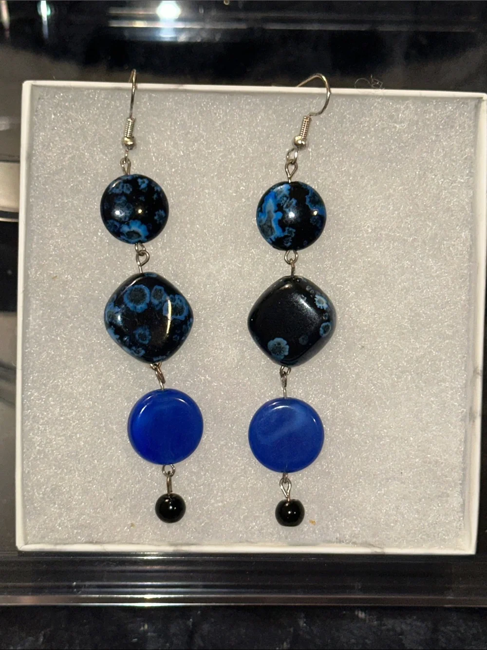 Handmade Blue and Black Bead Drop Earrings